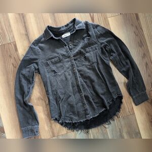Hollister Black Button Up Long Sleeve Collared Denim Over Shirt Distressed XS